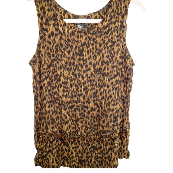 Requirements Tops Vintage Crinkle Gauze Leopard Print Beaded Tank